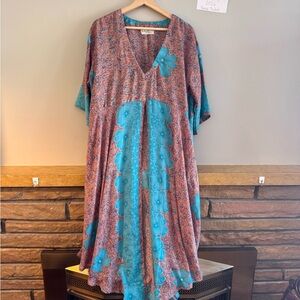 Kantha Bae split midi dress.   Floral V-Neck Dress in Blue and Brown